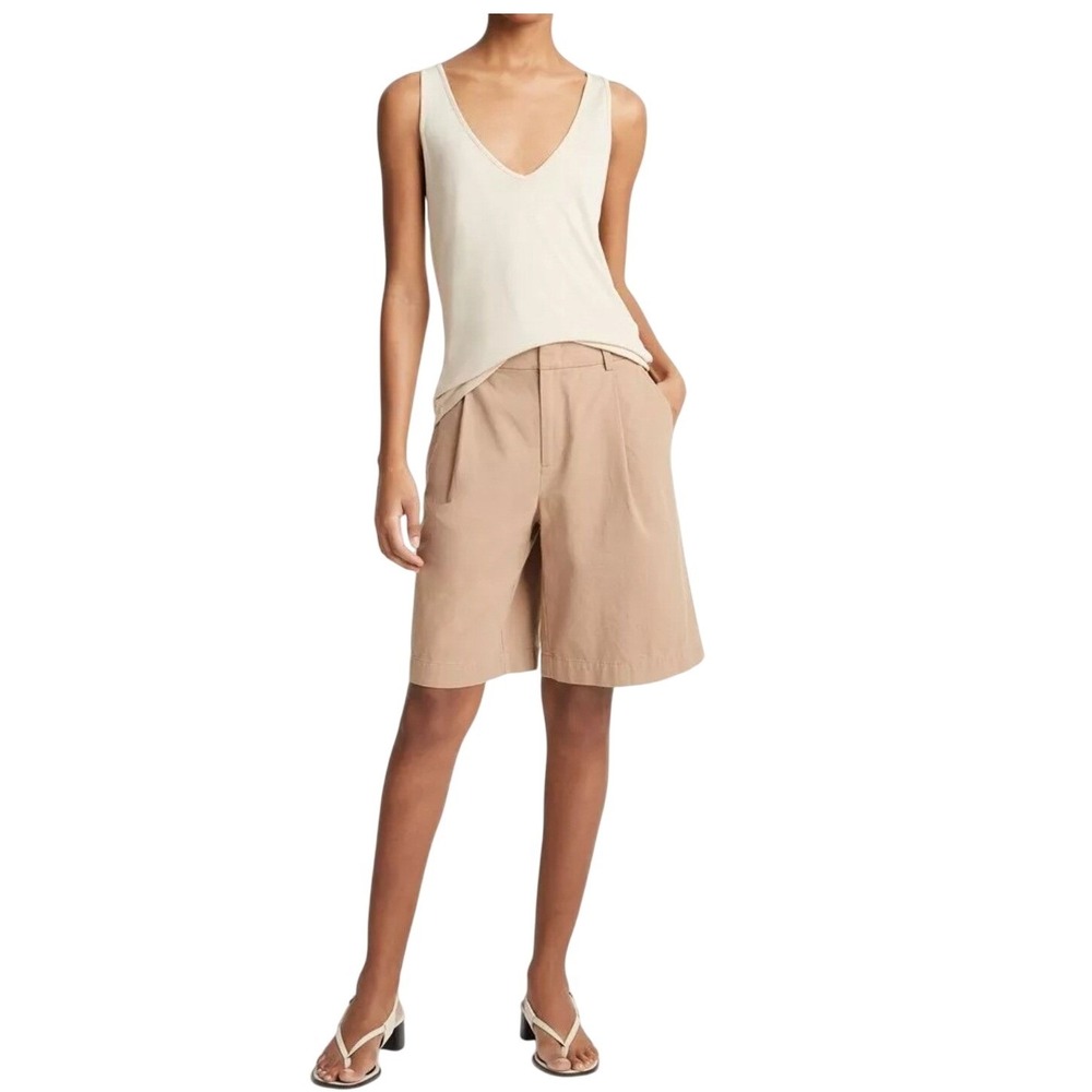 Vince Washed Cotton Pleated Wide Leg Shorts High Rise Tan Womens 12 Cotton Twill